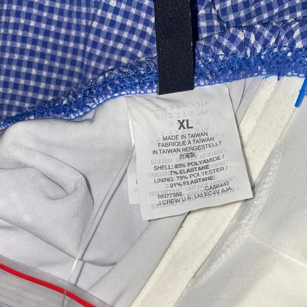 J. Crew Blue & White Ruffle bandeau bikini top in tiny gingham. Size XL.